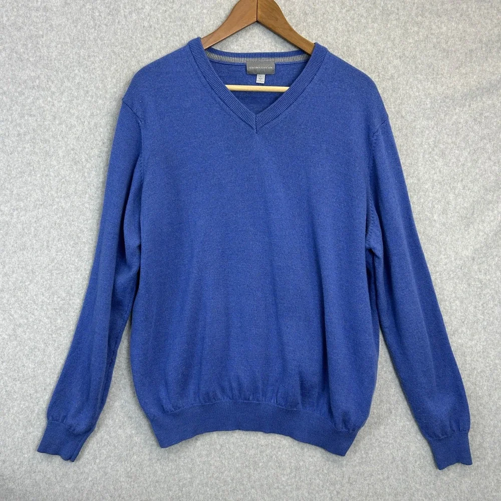 Thomas Dean V-Neck Sweater Blue Extrafine Merino Wool Old Money Mens Large READ